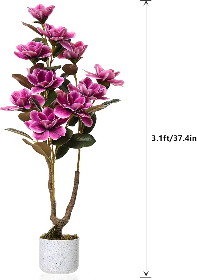 37" Artificial Magnolia Tree 2 Pack, Artificial Realistic Magnolia Grandiflora with White Planter and 12 Lifelike Flowers, 3.1FT Fake Potted Flower Plant for Home Office Decor, Pink