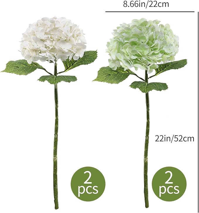 Coferset 4Pcs Hydrangea Artificial Flowers Lifelike Faux Hydrangea Real Touch Artificial Flowers for Outdoors Home Wedding Christmas Office Party Living Room Decoration,22inch(2 White+2 Light Green)
