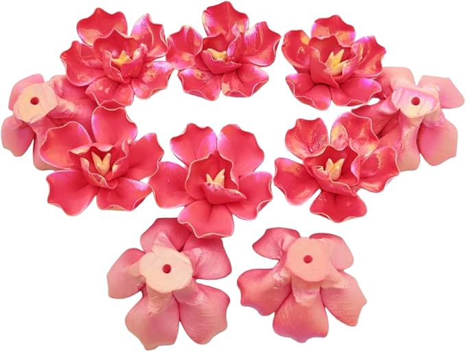 10 PCS 3D Flower Ceramic Tiles,1.6" Handmade Procelain Ceramic Flowers for Artwork,Fish Tank,Vases,Living Room, Dining Table,Office, Home Floral Decor (Double-Flowered Iridescent Red)