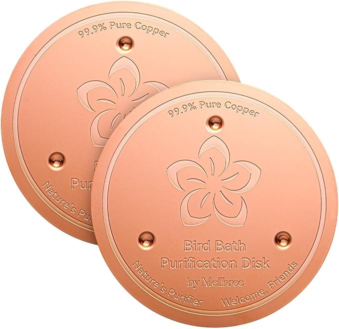 Mellbree 2-Pack Bird Bath Copper Disc, 0.6mm Flower-Style Reinforced 99.99% Pure Copper Disk for Physical Safe Clean Water, Universal Compatible with Outdoor Birdbaths, Bowl (Flower)