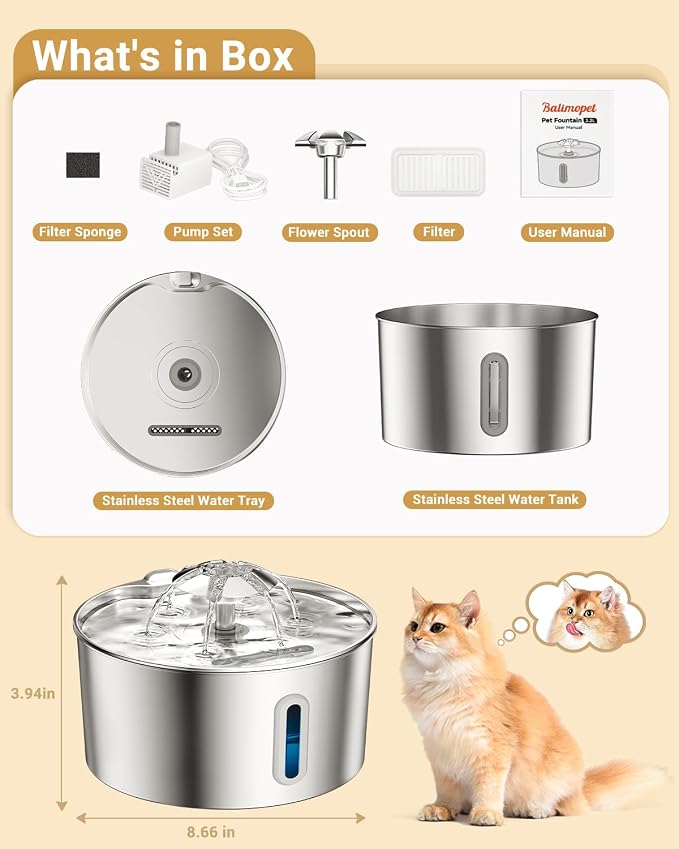 Stainless Steel Cat Water Fountain - 108oz/3.2l Metal Pet Water Bowl Dispenser with Quiet Pump - Automatic Water Fountains for Dog/Cats Drinking - Pets Waterer Indoor with Replacement Filters