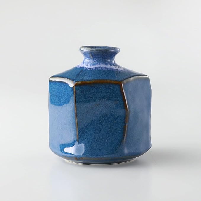 Wazakura Minoyaki Ceramic Small Ikebana Flower Bud Vase Made in Japan, Handpainted Floral Arrangement Pottery Supplies Hexagon Shaped Blue Vase - Hexagon Shaped Blue Vase