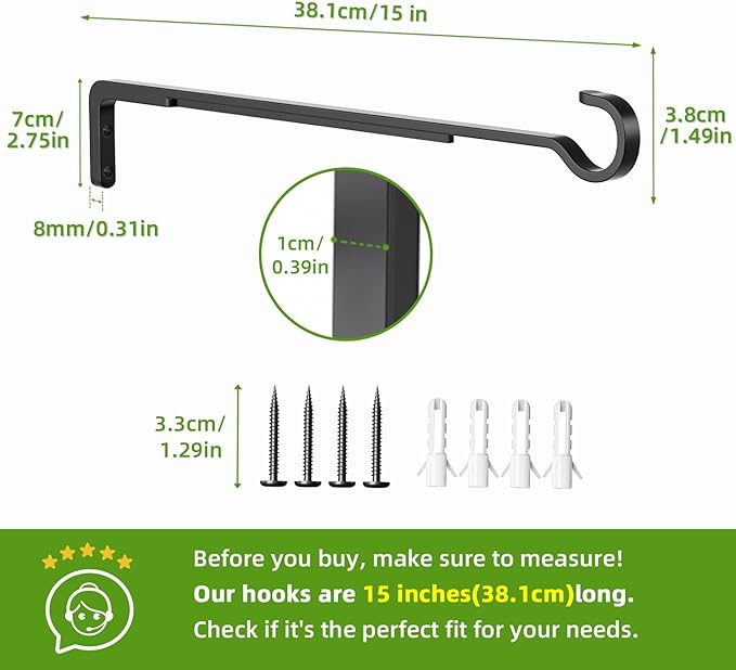 Saffruff 15 Inch 2 Black Pack Heavy Duty Outdoor Plant Hangers, Iron Hanging Plant Brackets for Hanging Plants Outside, Metal Plant Hooks Plant Wall Hooks for Hanging Lantern, Bird Feeder