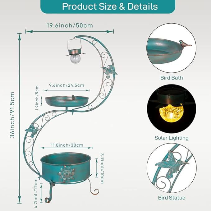 DREAMSOUL Bird Bath with Flower Planter Pedestal, 36" Bird Baths for Outdoors with Solar Lighting Lamp, Vintage Birdbath for Garden Yard Patio Lawn Decor