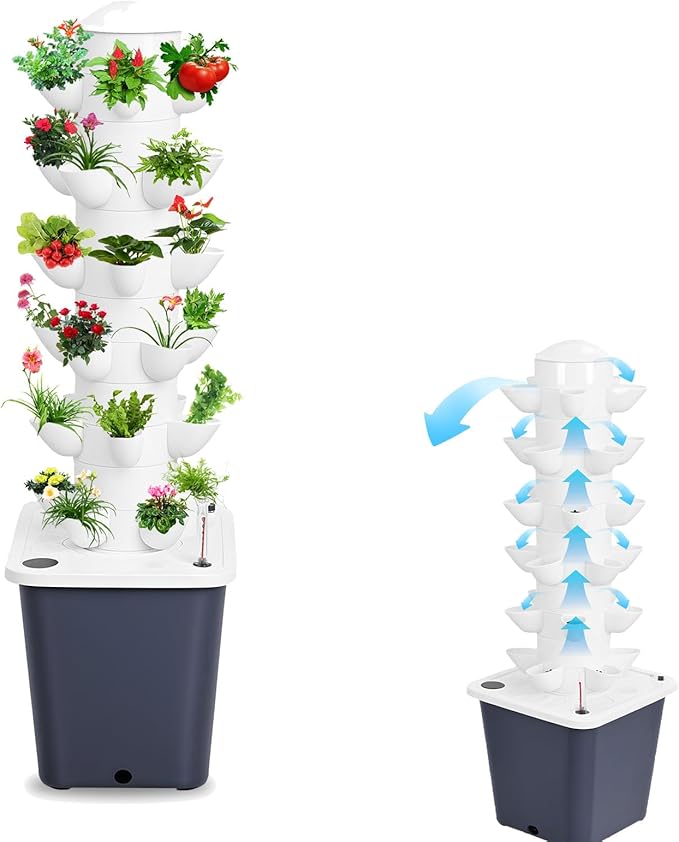 Vertical Hydroponics Garden Tower, 30-Plant Hydroponic Growing System with 10L Tank, 6 Layers Vertical Planter Towe Hydroponic Tower Garden, Automatic Watering for Home Indoor Gardening System Black