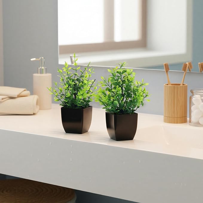 CEWOR Fake Plants 4 Packs Small Artificial Greenery Plants Mini Black Bathroom Accessories Decorations for Desk Bathroom Office Home Room Kitchen Table Decor Indoor