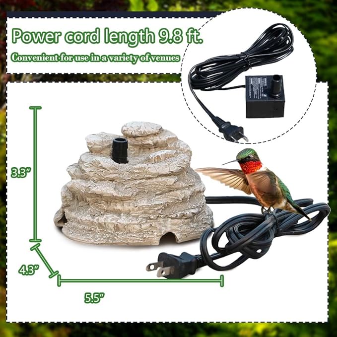 Bird Bath Water Fountain Resin Rock Fountain with 9.8ft Cord Length Water Pump Rock Waterfall for Hummingbird Birdbath Outdoor Decor for Garden Lawn Fish Tank and Aquariums (Grey)