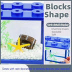 Small Betta Fish Tank, Stackable Mini Fish Tank Tiny Aquarium Tank Kit with Aquarium Gravel & Resin Decorations, 0.6 Gallon Cube Desktop Fishbowl for Snails, Crabs, Starfish (Blue)