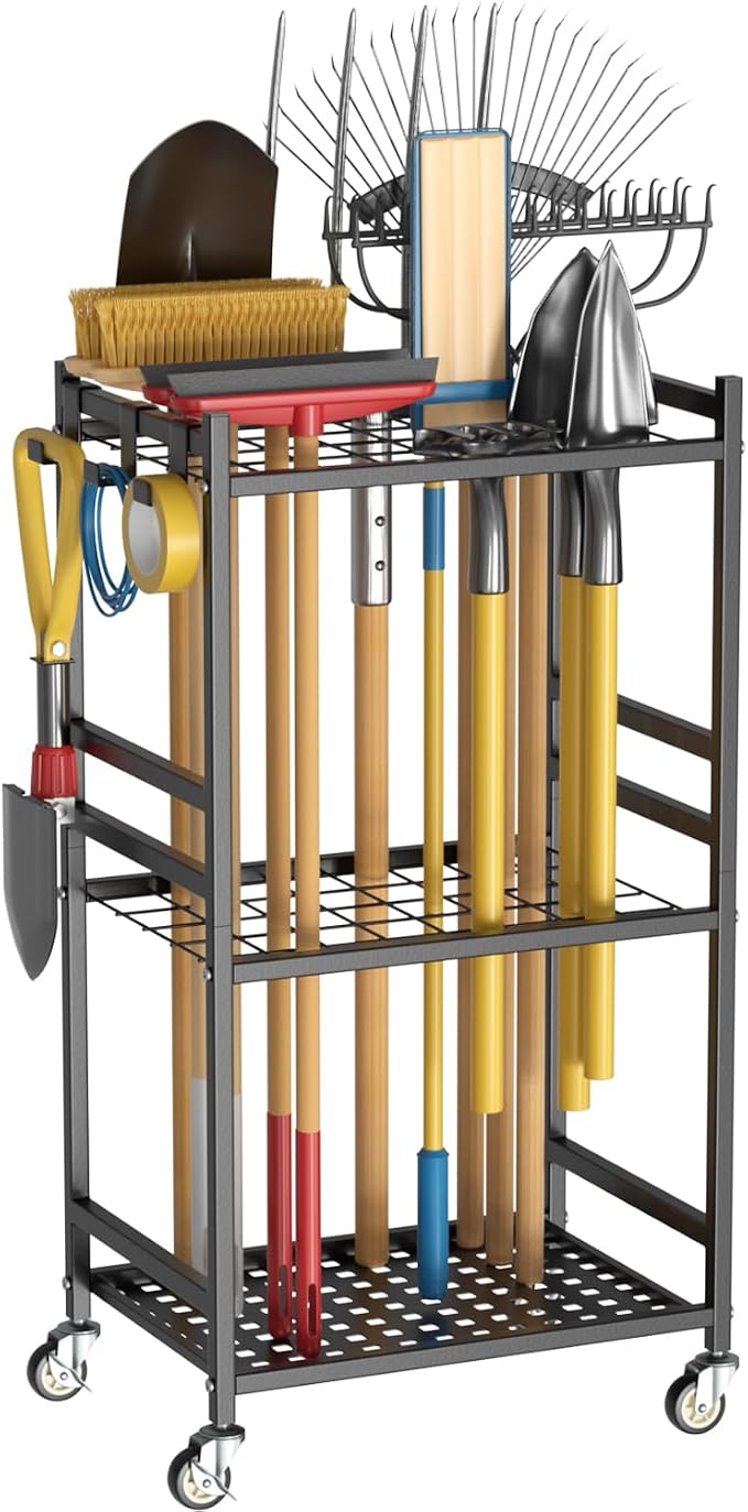 Garden Tool Organizer with Wheels, Heavy-Duty Yard Tool Rack with 3 Side Hooks, Holds Up to 40 Long-Handled Tools, Metal Garage Tool Storage for Lawn & Outdoor Organization