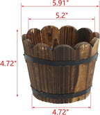 MY MIRONEY Wooden Barrel Planter Vintage Style Wood Bucket Rustic Garden Flower Plant Pots Container with Metal Ring Handles, Wave Mouth, 5.91" x 4.72"