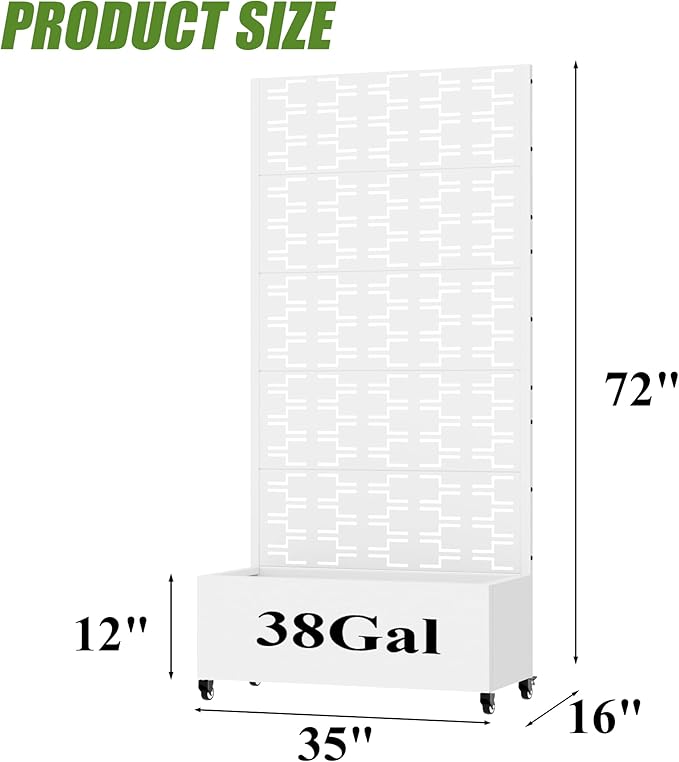 Casaphoria Metal Raised Garden Bed with Trellis and Wheels, 72"x35"x16" Planter Box for Climbing Plants, Vegetables & Vines, Features Drainage Holes and Privacy Screen, White-Brick