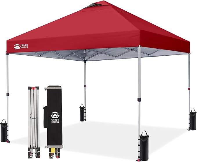 CROWN SHADES 10x10 Pop Up Canopy - Beach Tent with One Push Setup - Easy Outdoor Sun Shade for Events, Parties, Camping - Gazebo with STO-N-Go Cover Bag, Silver Coated Top, Red