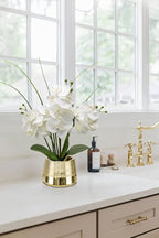 Oairse Artificial White Phalaenopsis Orchid Flower Arrangements Faux Orchid Flower in Gold Pot Orchid Centerpiece for Dining Room Table