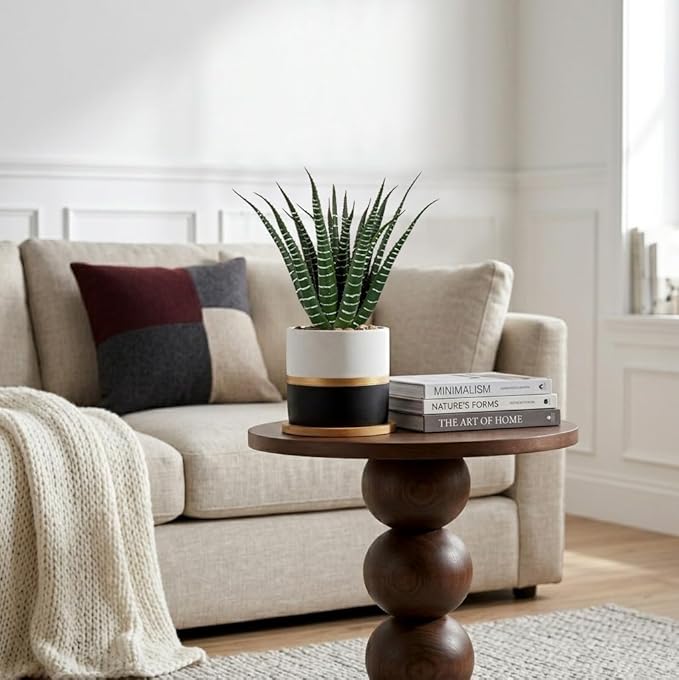Briful Artificial Succulent Plant in Pot with Bamboo Tray, Faux Agave Potted Plant, Realistic Aloe Fake Plant for Home, Office Desk, Shelf, Modern Indoor Decoration