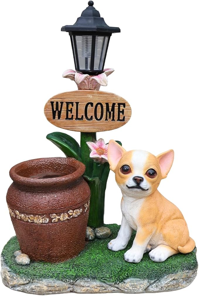 Animal Outdoor Statue Planter Solar Light Welcome Garden Sculpture Resin Flower Pot Decorative Porch Patio Yard Lawn Entryway Figurine with LED Lamp Rustic Plant Holder Ornament Courtyard (P)