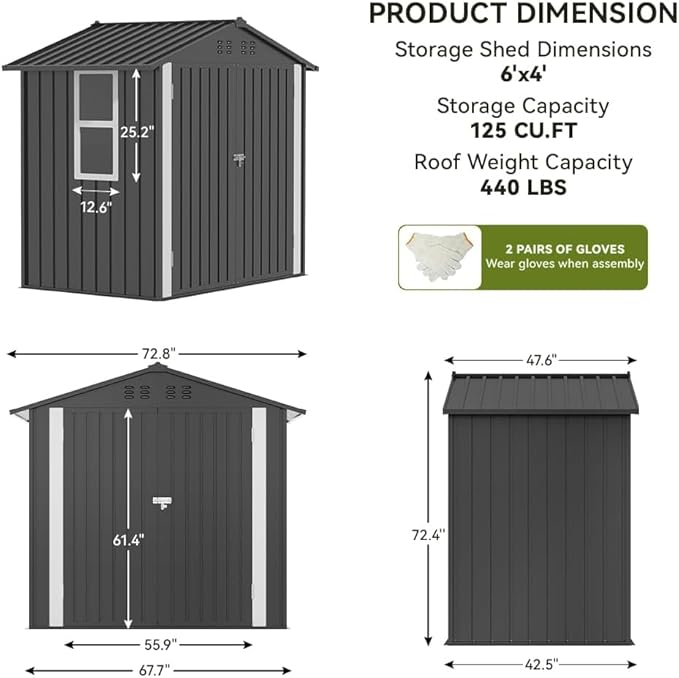 COMHOMA Shed Storage Outdoor Metal Windowed Lockable Garden Toolhouse Weatherproof Ventilated Backyard Utility Workshop(Grey,6'x4')