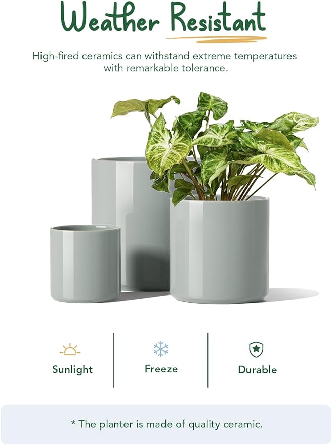 LE TAUCI Ceramic Pots for Plants, 10/8/6 Inch Indoor Planters with Draiange Hole, Silicone Plug & Mesh Pad, Modern Minimalist Pots for Home Office, Set of 3, Glossy, Mist Gray