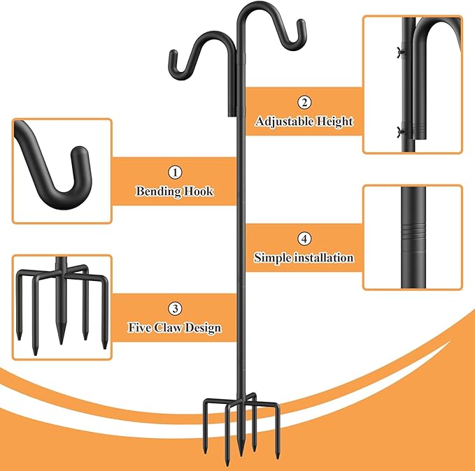 76" Double Hooks Heavy Duty Adjustable Bird Feeder Pole with Sturdy 5-Prong Base, Height Adjustable Shepherds Hook for Hanging Feeders, Plants, Solar Lanterns & Wind Chimes (2026 Upgrade)