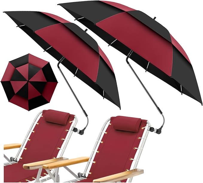 48.6" Double Canopy Beach Umbrella with Clamp, UPF50+ Beach Chair Umbrella with clip, 360°Adjustable Portable Outdoor Wheelchair, Patio, Golf Carts,Camping(Wine Red/Black)