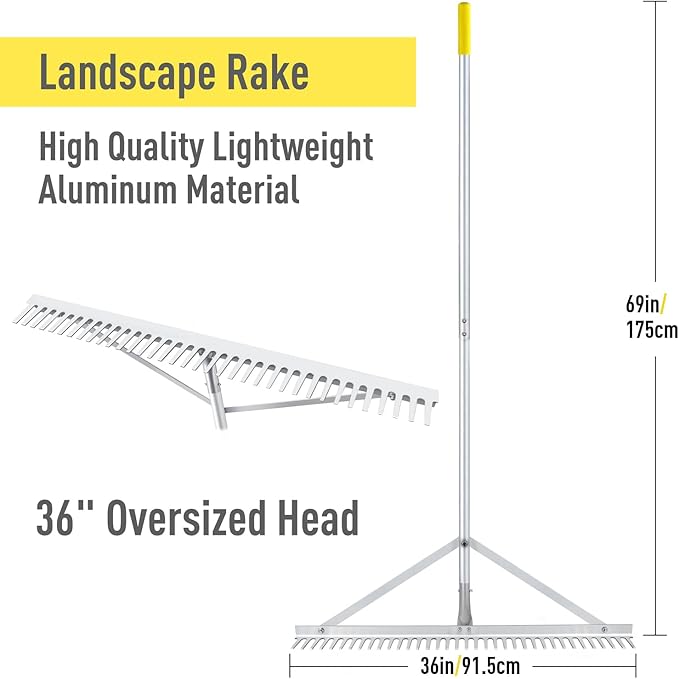 Landscape Rake 36'', Aluminum Rakes with Lightweight 69'' Handle, Landscaping Rake Tool for Lawn Care, Beach