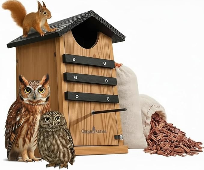 Cedar Screech Owl House Box, Squirrel Nesting Shelter, Large Cedar Bird House for Outside, Rustic Big Birdhouse,Nesting Shelter Nester Heavy Duty, Stainless Steel Perch,Assemble Needed