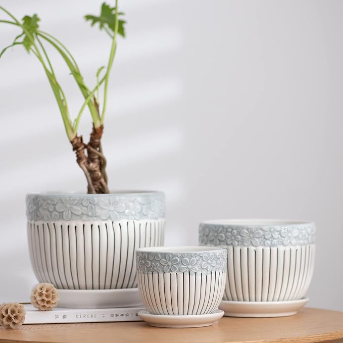 Ton Sin Grey Flower Pots,Texture Planter for Indoor Plants Set of 3 Ceramic Flower Pots with Saucer,Cute Garden Pots Succulent Pots（3 Pack,Grey