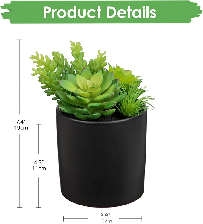 Hollyone Artificial Succulents in Pots Faux Succulents Plants Fake Succulent Arrangement Potted Plants with Black Ceramic Vase for Office Desk Bathroom Shelf Living Room Indoor Home Decor