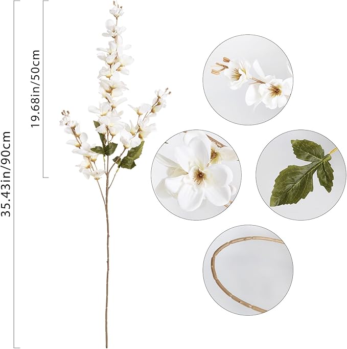 6PCS White Delphinium Artificial Flower Lifelike Larkspur Silk Flowers Plant 35.43'' Long Stem Blossoms Fake Flowers for Tall Vase Floral Arrangements Home Table Wedding Decor(White)