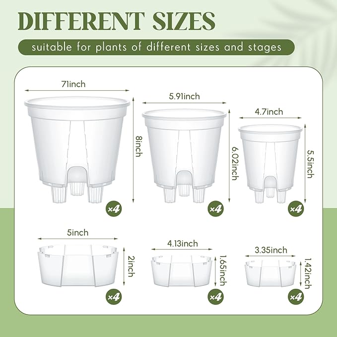 Wonderjune Self Watering Pots for Indoor Plants with Deep Reservoir and High Drainage Holes for Outdoor Plants and Flowers, Bare Root Planter(4.72'', 5.91'', 7.09'',Clear,12 Pcs)