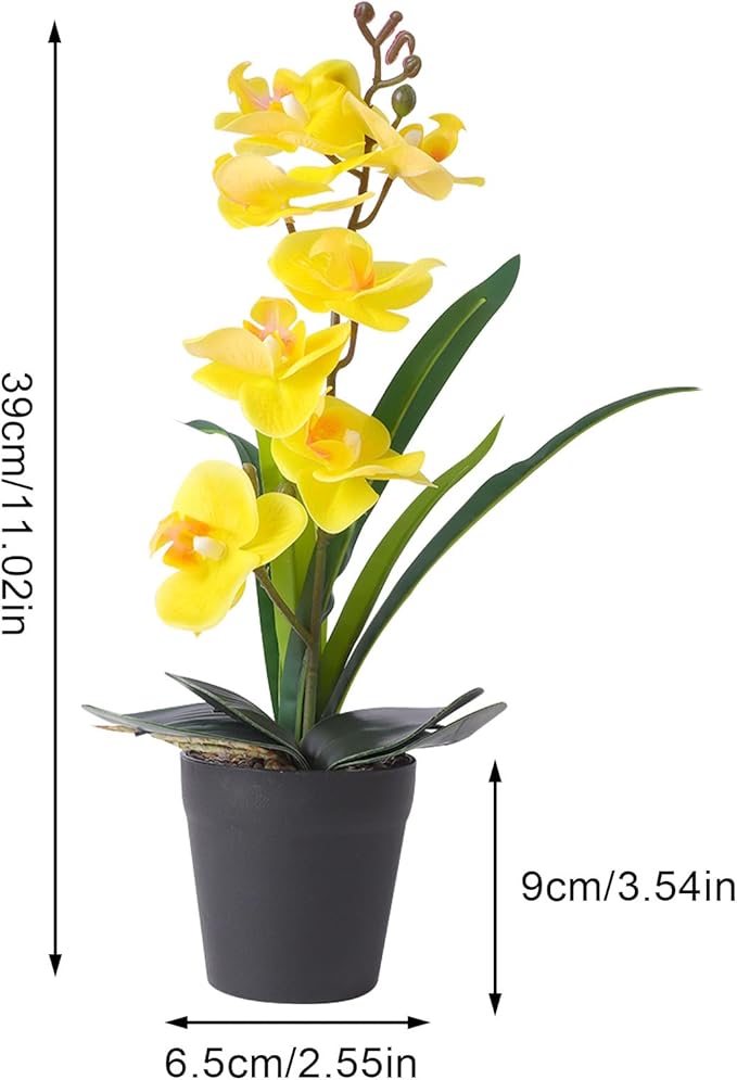 Real Touch Artificial Orchids Flower in Pot, Yellow Faux Orchids Flowers with Vase Fake Phalaenopsis Orchids Arrangement for Table Centerpiece Wedding Party Office Decor