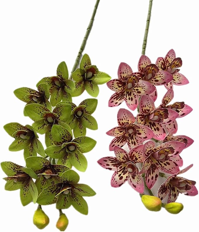 4pcs Artificial Cymbidium Orchid Flowers Real Touch Fake Pink Orchids, 10 Heads Lifelike Flower for Wedding Centerpieces Home Decor Living Room Bathroom Office Vase Arrangements (Pink)