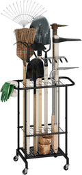 3-Tier Garden Tool Organizer with Wheels, Garage Floor Rolling Storage Cart on Wheels Heavy Duty Metal Rolling Storage Cart, Yard Tool Tower Rack for Garage, Patio, Shed, Indoor Outdoor
