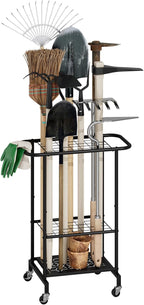 3-Tier Garden Tool Organizer with Wheels, Garage Floor Rolling Storage Cart on Wheels Heavy Duty Metal Rolling Storage Cart, Yard Tool Tower Rack for Garage, Patio, Shed, Indoor Outdoor