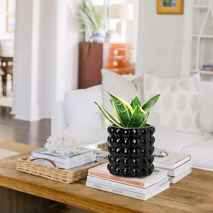 DILATATA 6 Inch Ceramic Planter Pot for Indoor Plants with Drainage Hole Bubble Flower Planter Hobnail Plant Pot Garden Planter Black Succulent Plant Pot Utensil Holder