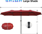 SUPERJARE 15FT Outdoor Umbrella for Patio, Double sided Pool Umbrellas with Fade Resistant Canopy, Large Table Umbrella for Deck, Market, Backyard - Burgundy(No Base)