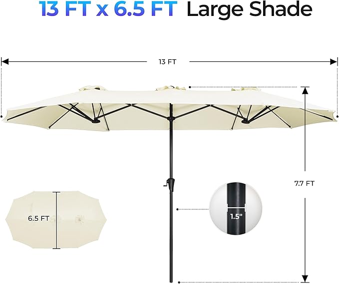 SUPERJARE 13FT Outdoor Umbrella for Patio, Double sided Pool Umbrellas with Fade Resistant Canopy, Large Table Umbrella for Deck, Market, Backyard - Cream White