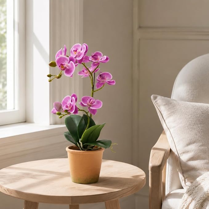 Avoeco Artificial Real Touch Orchid Plant – 15" Faux Phalaenopsis in Pot – Highly Realistic Silk Orchid Flower & Leaf Texture for Home, Office,Shop & Wedding Décor (Fuchsia, 15“)