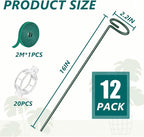 MAFONE 12 Pack 16inch Plant Support Stakes, Plant Stick Garden Single Stem Flower Support Stake Plant Cage Support Rings with 20pcs Plant Clips and Plant Ties for Tomato Orchid Lily Peony Rose Bean