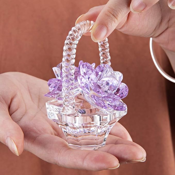 H&D HYALINE & DORA Crystal Flower Basket Figurine Collectable Ornaments Home Decor Tabletop Centerpiece Gift for Lady,Purple Color