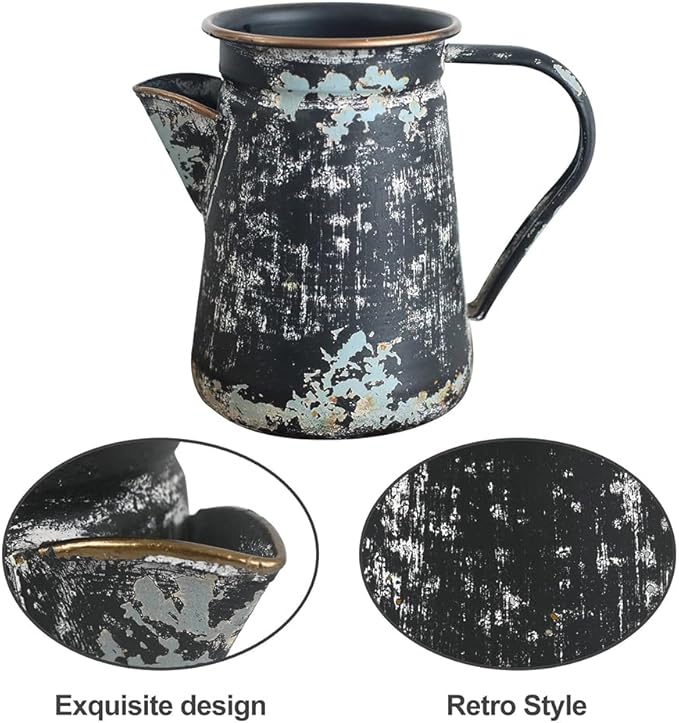 Vintage Pitcher Vase Rustic Farmhouse Vase for Flowers Vintage Metal Milk Jug Small Decorative Pitcher Shabby Chic Decor for Home, Kitchen, Bathroom, Black