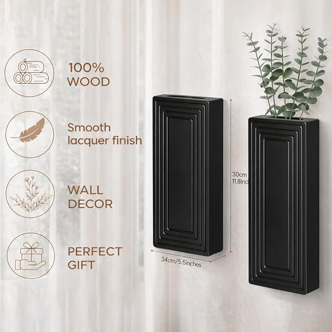 Wooden Wall Planter Vase,2 Pack Hanging Planter for Indoor Fake Plants Modern Boho Farmhouse Wall Art Decor for Home Indoor Kitchen Modern Farmhouse Bathroom Living Room Dining Room(Black)