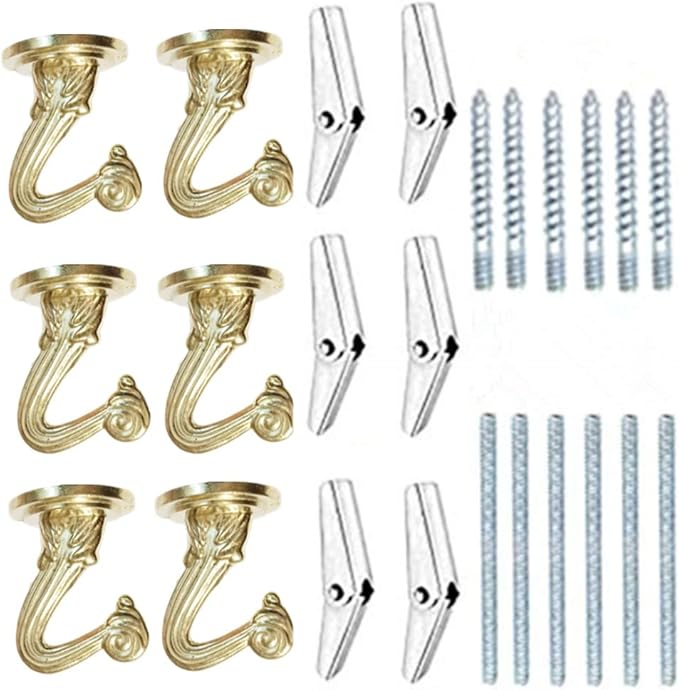 6 Sets White Ceiling Hooks for Hanging Plant, Heavy Duty Swag Toggle Hooks with Hardware (Gold)