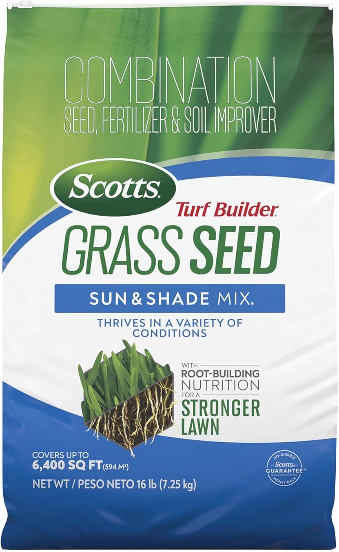 Scotts Turf Builder Grass Seed Sun and Shade Mix - Grass Seed Plus Lawn Fertilizer and Soil Improver, Covers Up To 6,400 sq. ft., 16 lb.