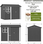 COMHOMA Shed Storage Outdoor Metal Windowed Lockable Garden Toolhouse Weatherproof Ventilated Backyard Utility Workshop(Grey,8'x6')