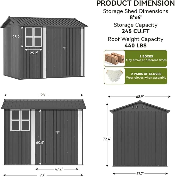 COMHOMA Shed Storage Outdoor Metal Windowed Lockable Garden Toolhouse Weatherproof Ventilated Backyard Utility Workshop(Grey,8'x6')