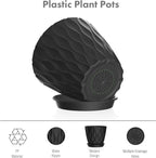 Meowell 6 inch Plant Pots, 5 Pack Flower Pots for Indoor Outdoor Plants, Water Ripples Plastic Planters with Drainage Holes and Saucers, Nursery Pots for Small Succulent Garden House Plants, Black