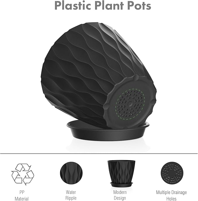 Meowell 4 inch Small Plastic Nursery Pots, Seedling Pots, 5 Set Water Ripples Plant Pots for Indoor Plants, Flower Pots with Drainage Holes and Saucers, Seed Starter Pots for Succulent Plants, Black