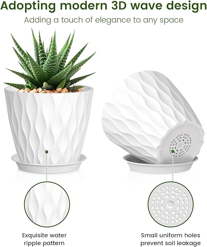 Meowell 5 inch Plant Pots for Indoor Outdoor Plants, 6 Pack Thick Nursery Pots with Drainage Holes and Saucers, 3D Modern Wave Texture Small Plastic Planter Flower Pots for Succulent, Herb, White
