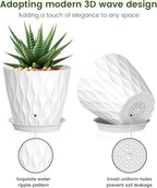 Meowell 5 inch Plant Pots for Indoor Outdoor Plants, 6 Pack Thick Nursery Pots with Drainage Holes and Saucers, 3D Modern Wave Texture Small Plastic Planter Flower Pots, Multicolor