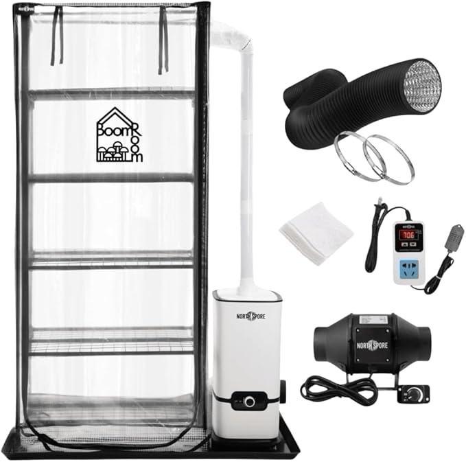 North Spore BoomRoom II Automated Mushroom Grow Tent Kit | Complete Martha Tent System with Humidity & FAE Control | 5-Rack Fruiting Chamber for Indoor Mycology | High-Yield Monotub Alternative